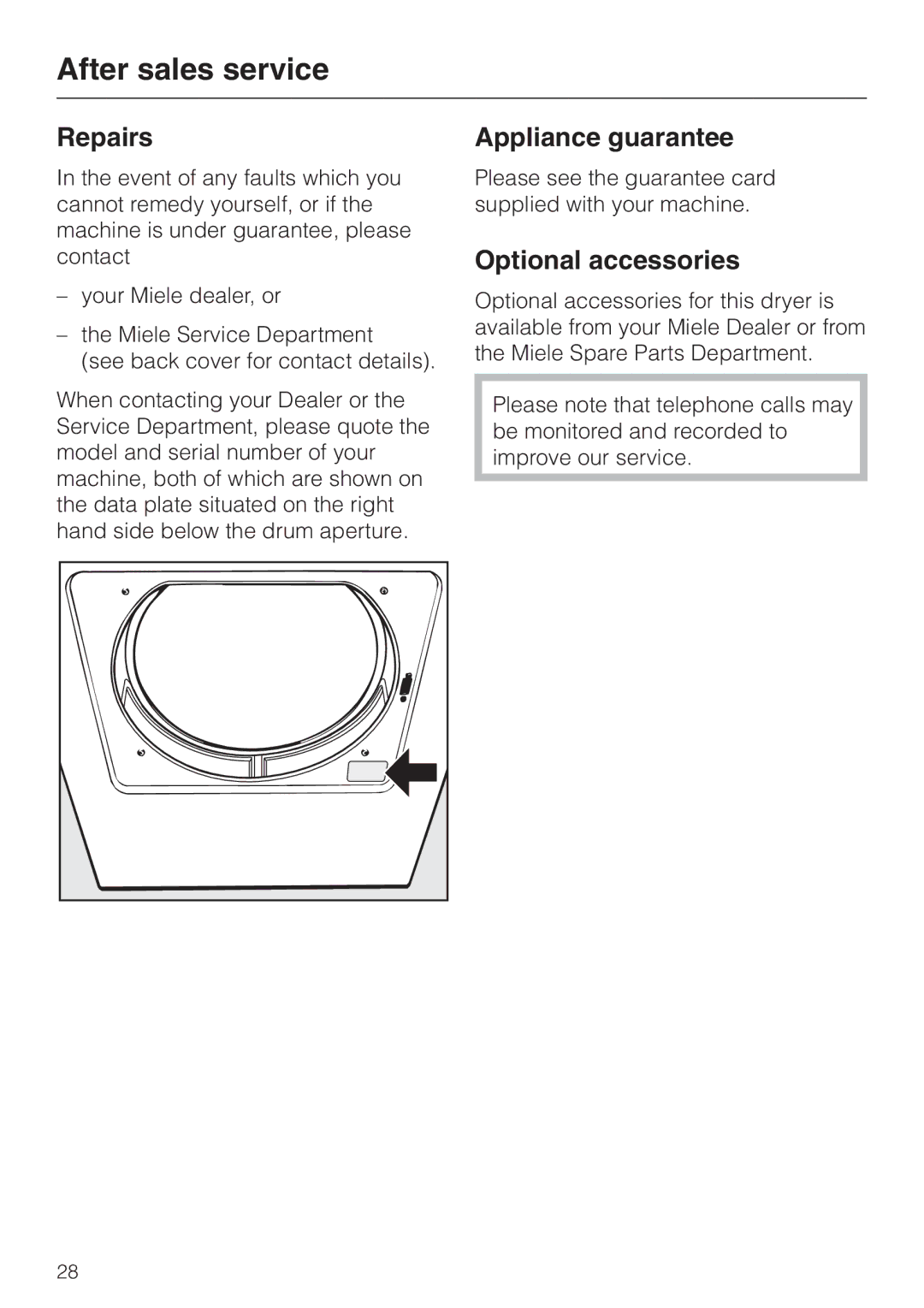 Miele T 4262 C operating instructions After sales service, Repairs, Appliance guarantee, Optional accessories 