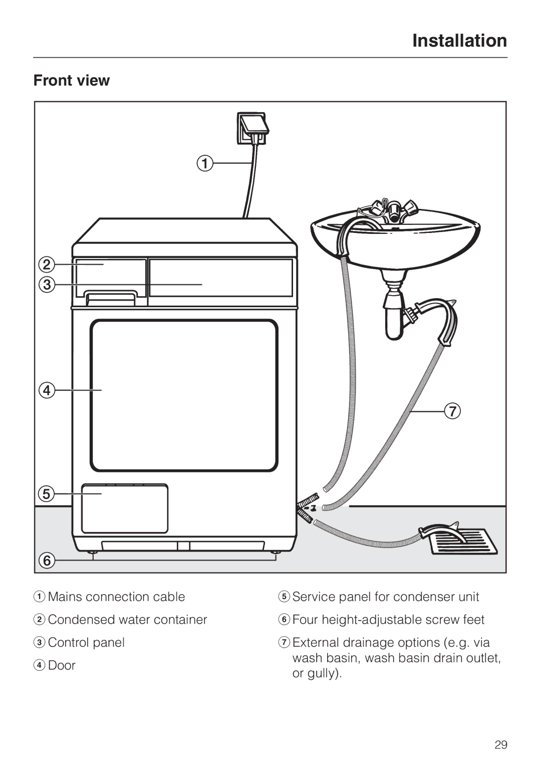 Miele T 4262 C operating instructions Installation, Front view 