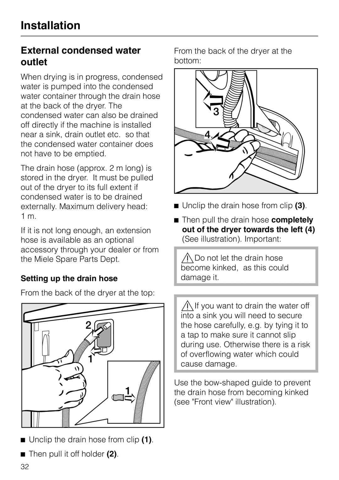 Miele T 4262 C operating instructions External condensed water outlet, Setting up the drain hose 