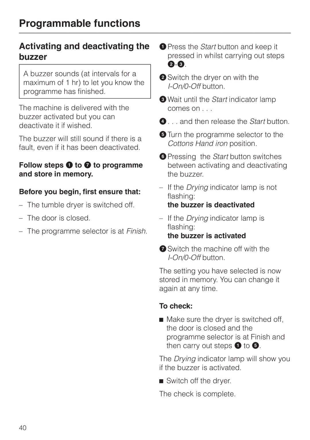 Miele T 4262 C operating instructions Activating and deactivating the buzzer, Buzzer is deactivated, Buzzer is activated 