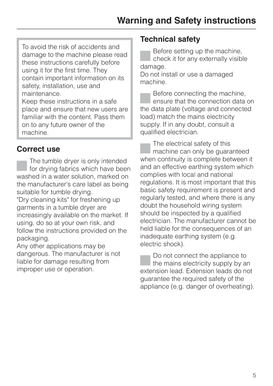 Miele T 4262 C operating instructions Correct use, Technical safety 