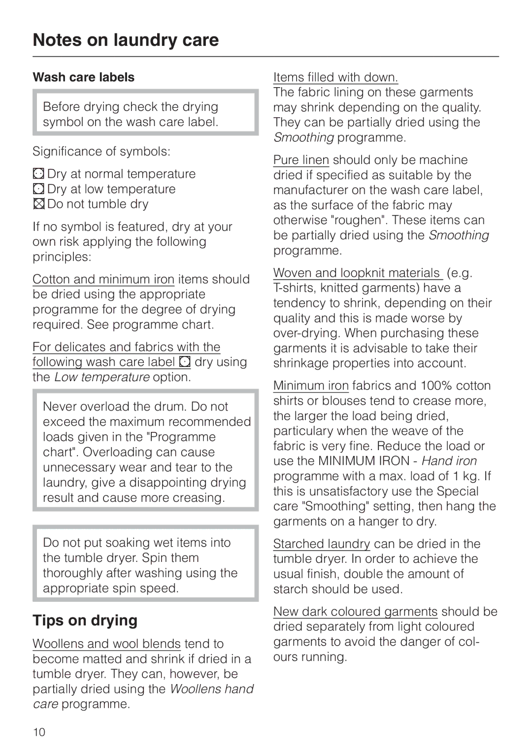 Miele T 4422 C operating instructions Tips on drying, Wash care labels 