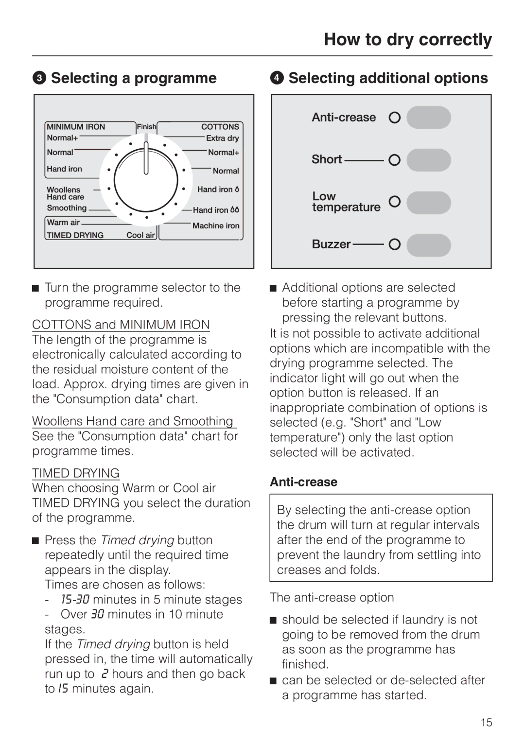 Miele T 4422 C operating instructions Selecting a programme Selecting additional options, Anti-crease 