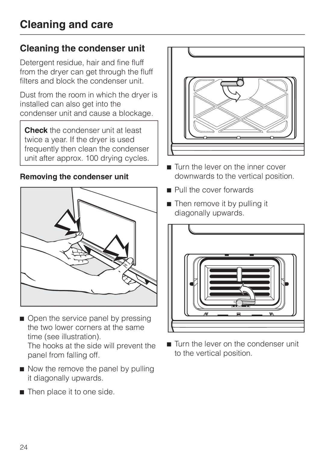 Miele T 4422 C operating instructions Cleaning the condenser unit, Removing the condenser unit 