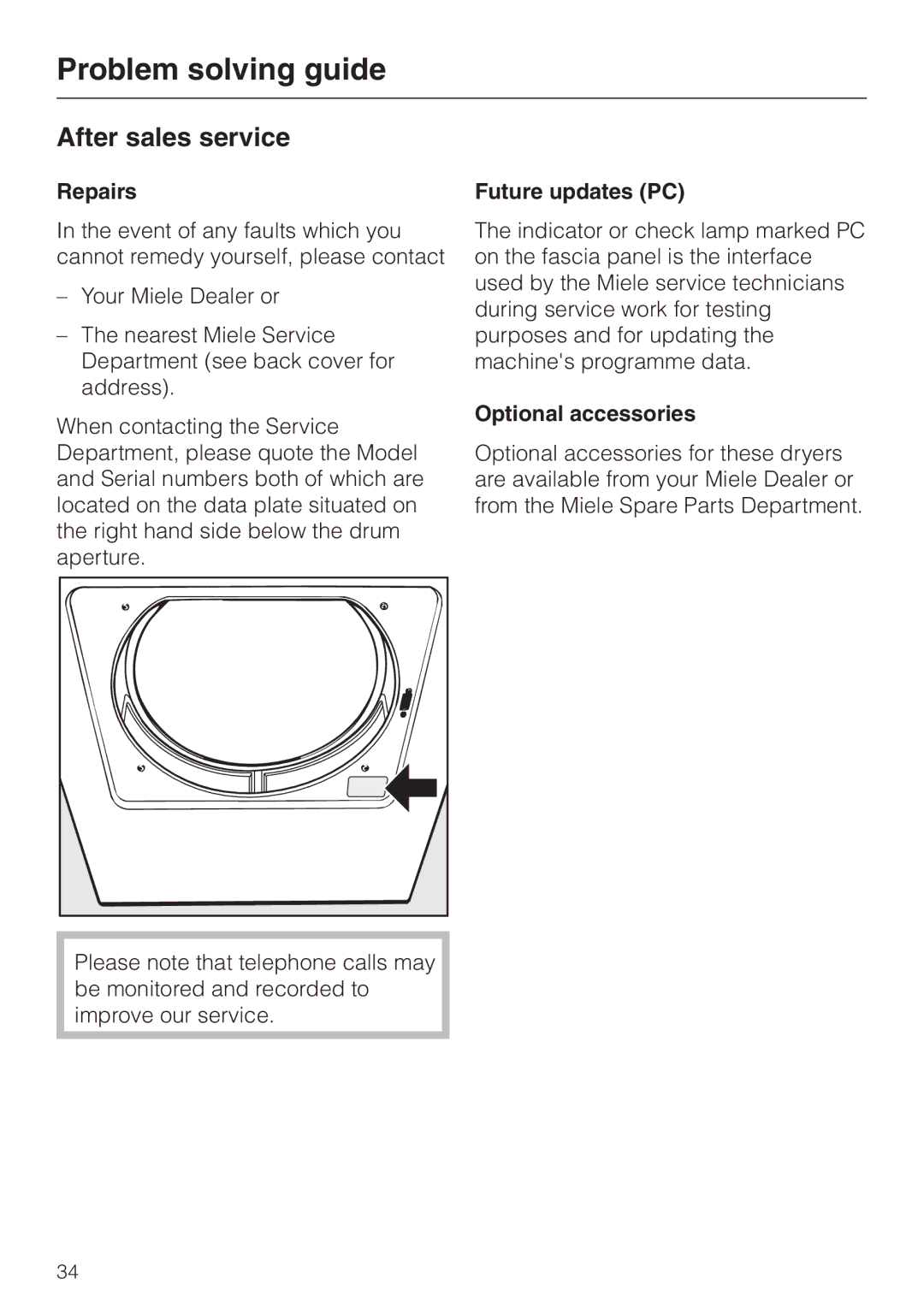 Miele T 4422 C operating instructions After sales service, Repairs, Future updates PC, Optional accessories 