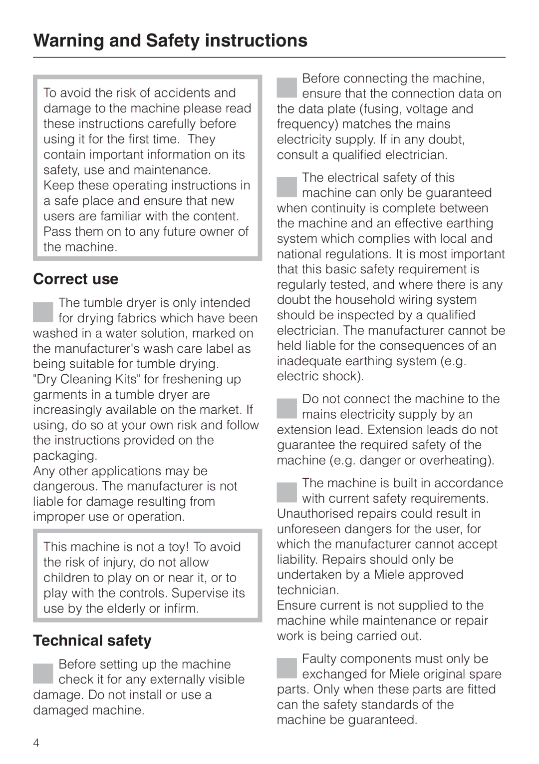 Miele T 4422 C operating instructions Correct use, Technical safety 