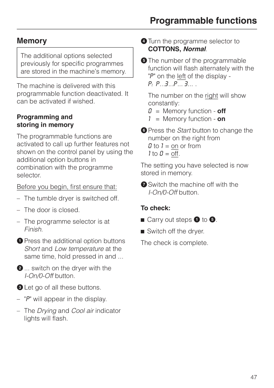 Miele T 4422 C operating instructions Memory 