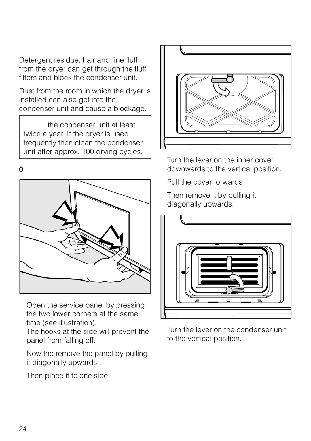 Miele T 4423 C operating instructions Cleaning the condenser unit, Removing the condenser unit 