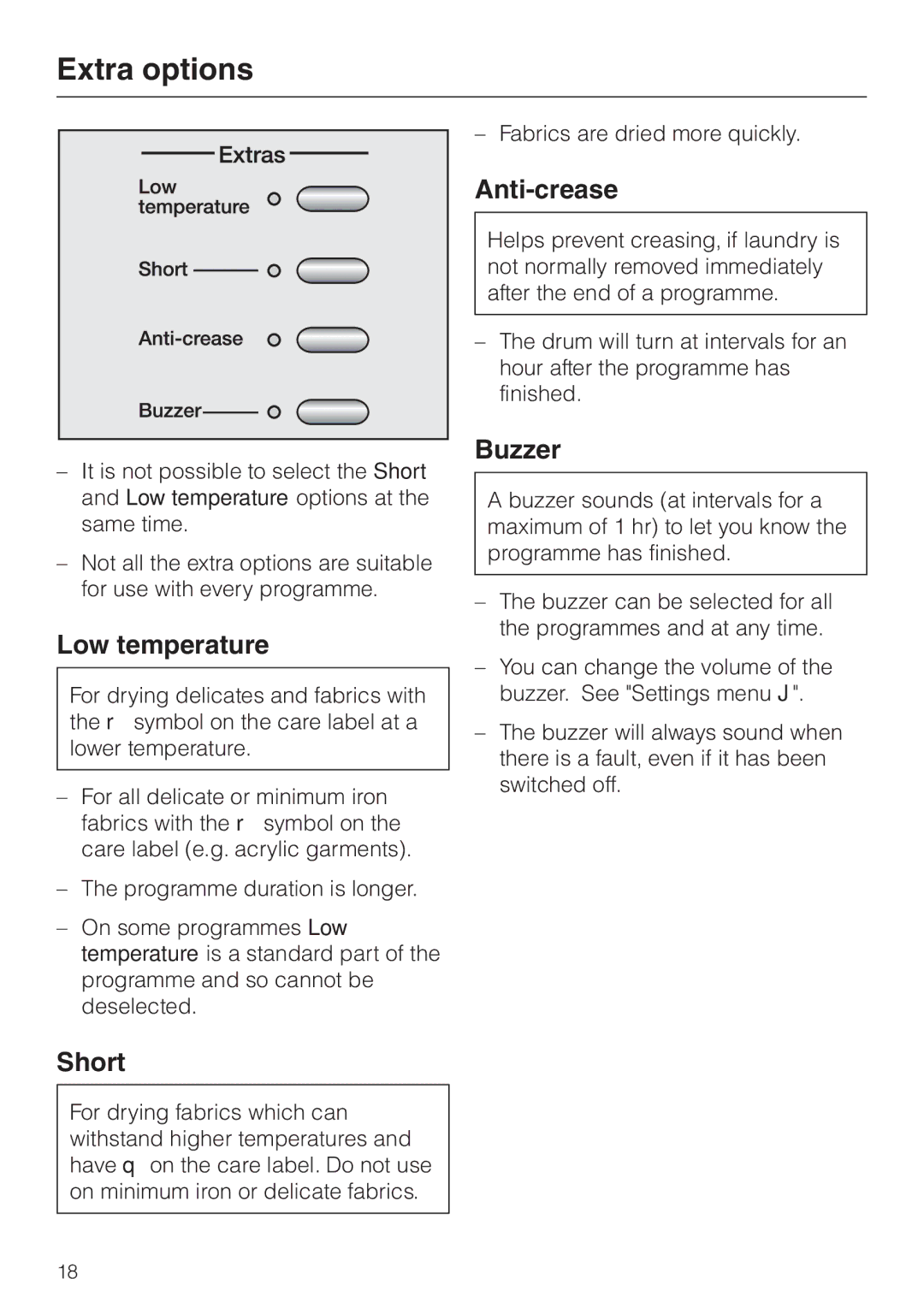 Miele T 4839 Ci operating instructions Extra options, Low temperature, Short, Anti-crease, Buzzer 