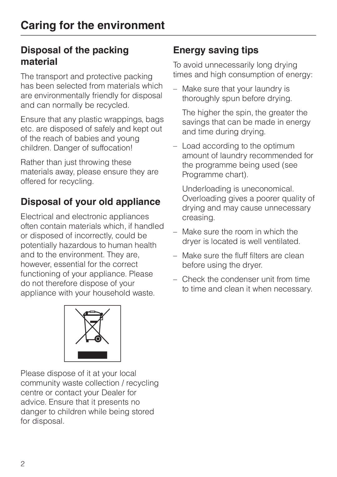 Miele T 4839 Ci Caring for the environment, Disposal of the packing material, Disposal of your old appliance 