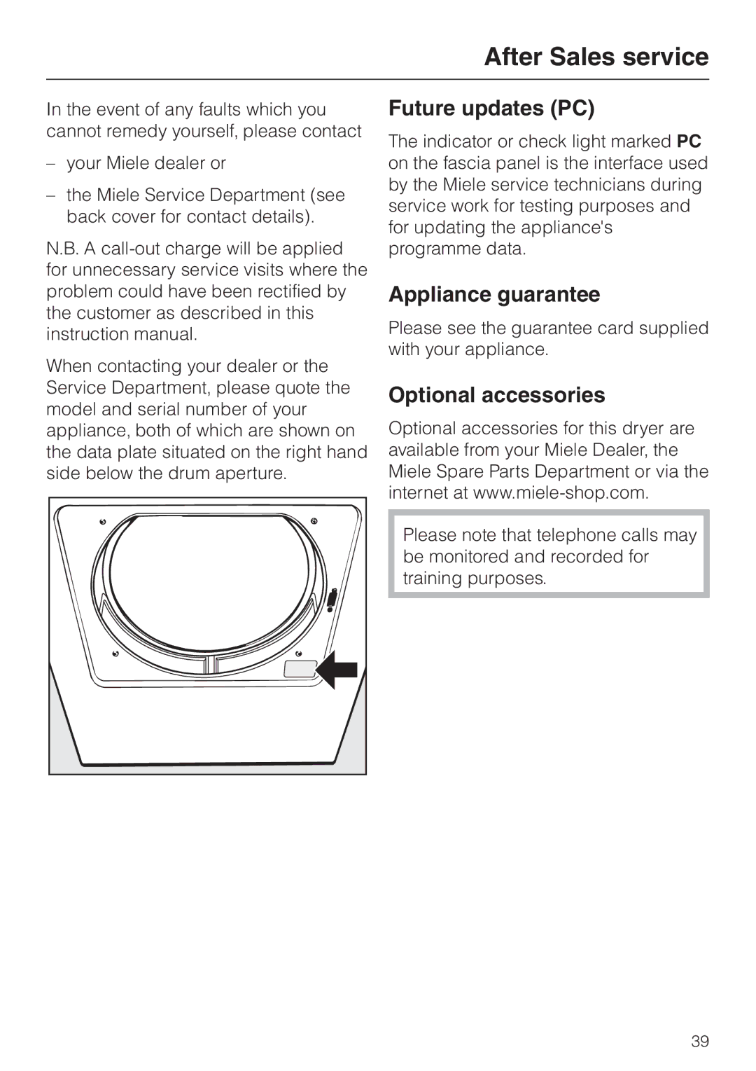 Miele T 4839 Ci operating instructions After Sales service, Future updates PC, Appliance guarantee, Optional accessories 