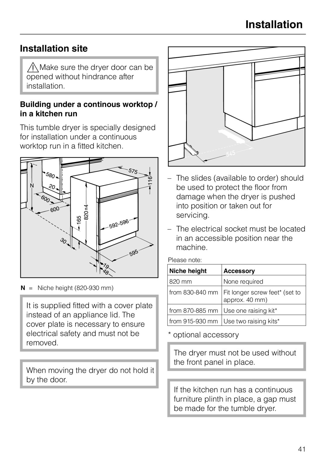 Miele T 4839 Ci operating instructions Installation site, Building under a continous worktop / in a kitchen run 