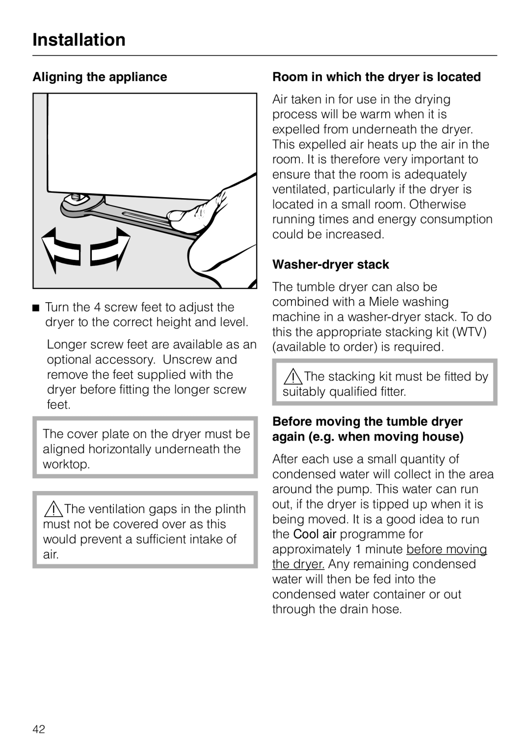 Miele T 4839 Ci Aligning the appliance, Washer-dryer stack, Before moving the tumble dryer again e.g. when moving house 