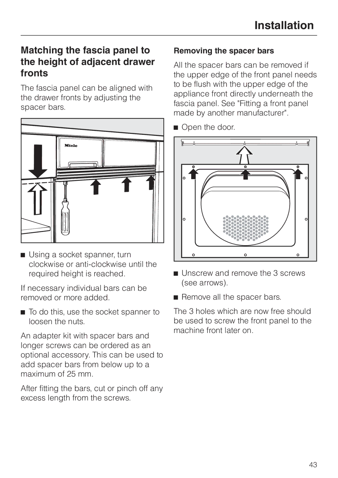 Miele T 4839 Ci operating instructions Removing the spacer bars 