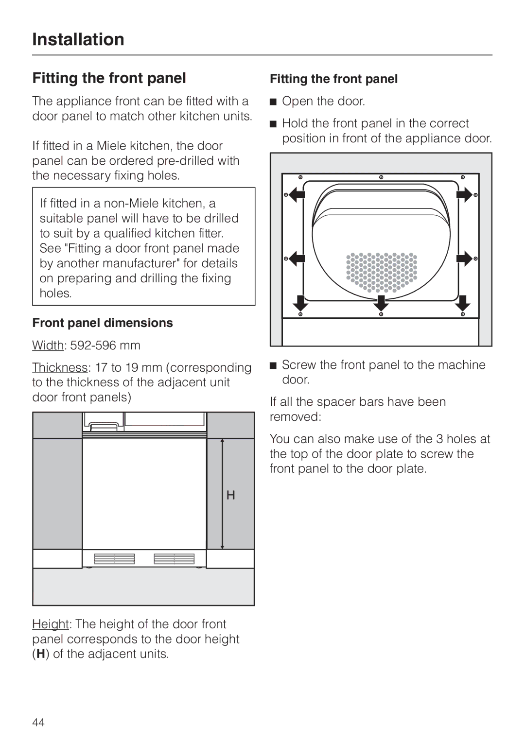 Miele T 4839 Ci operating instructions Fitting the front panel, Front panel dimensions 