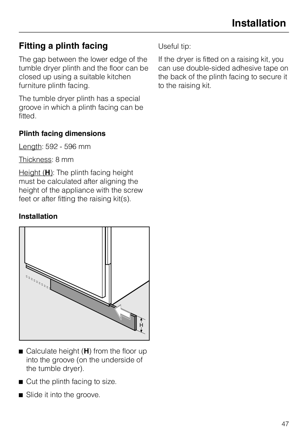 Miele T 4839 Ci operating instructions Fitting a plinth facing, Plinth facing dimensions, Installation 