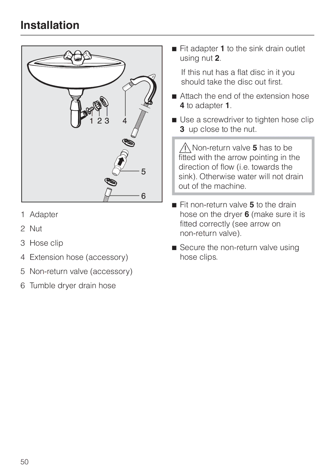 Miele T 4839 Ci operating instructions Fit adapter 1 to the sink drain outlet 