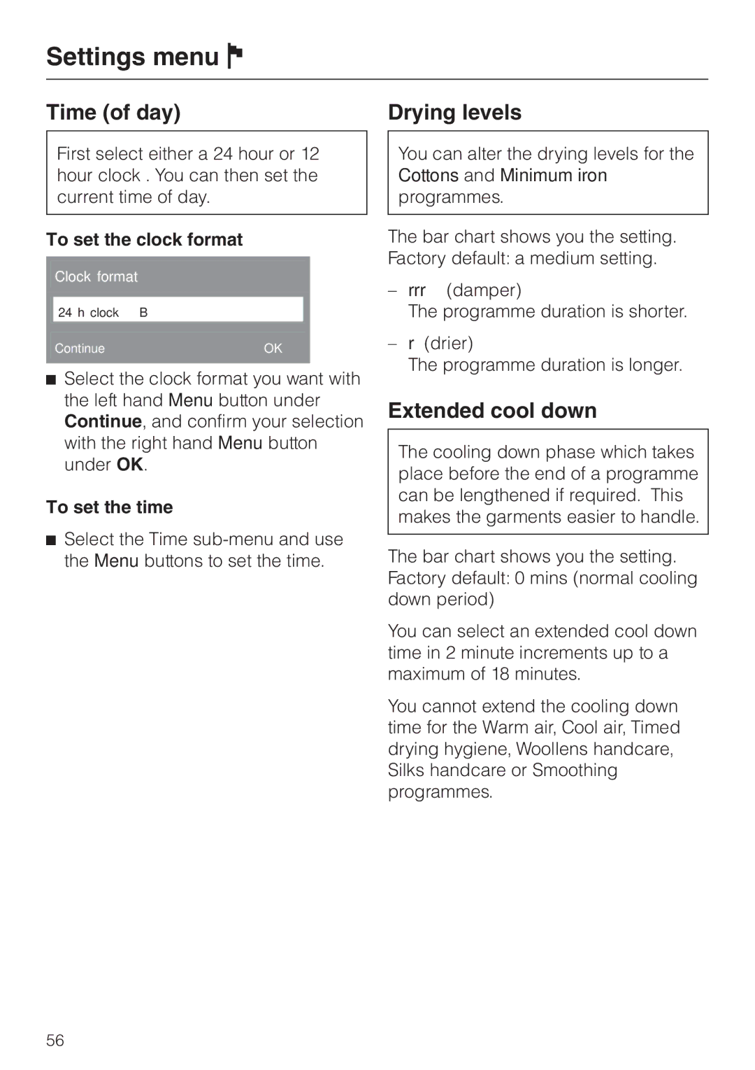 Miele T 4839 Ci Time of day, Drying levels, Extended cool down, To set the clock format, To set the time 