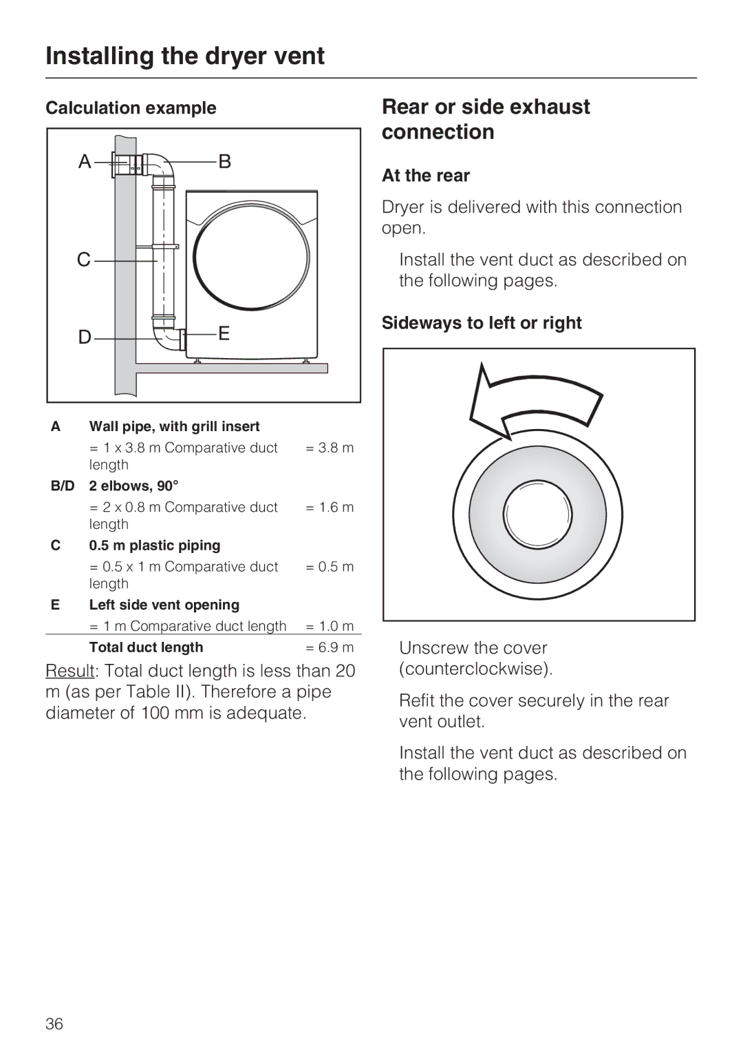 Miele T 7634 Rear or side exhaust connection, Calculation example, At the rear, Sideways to left or right 