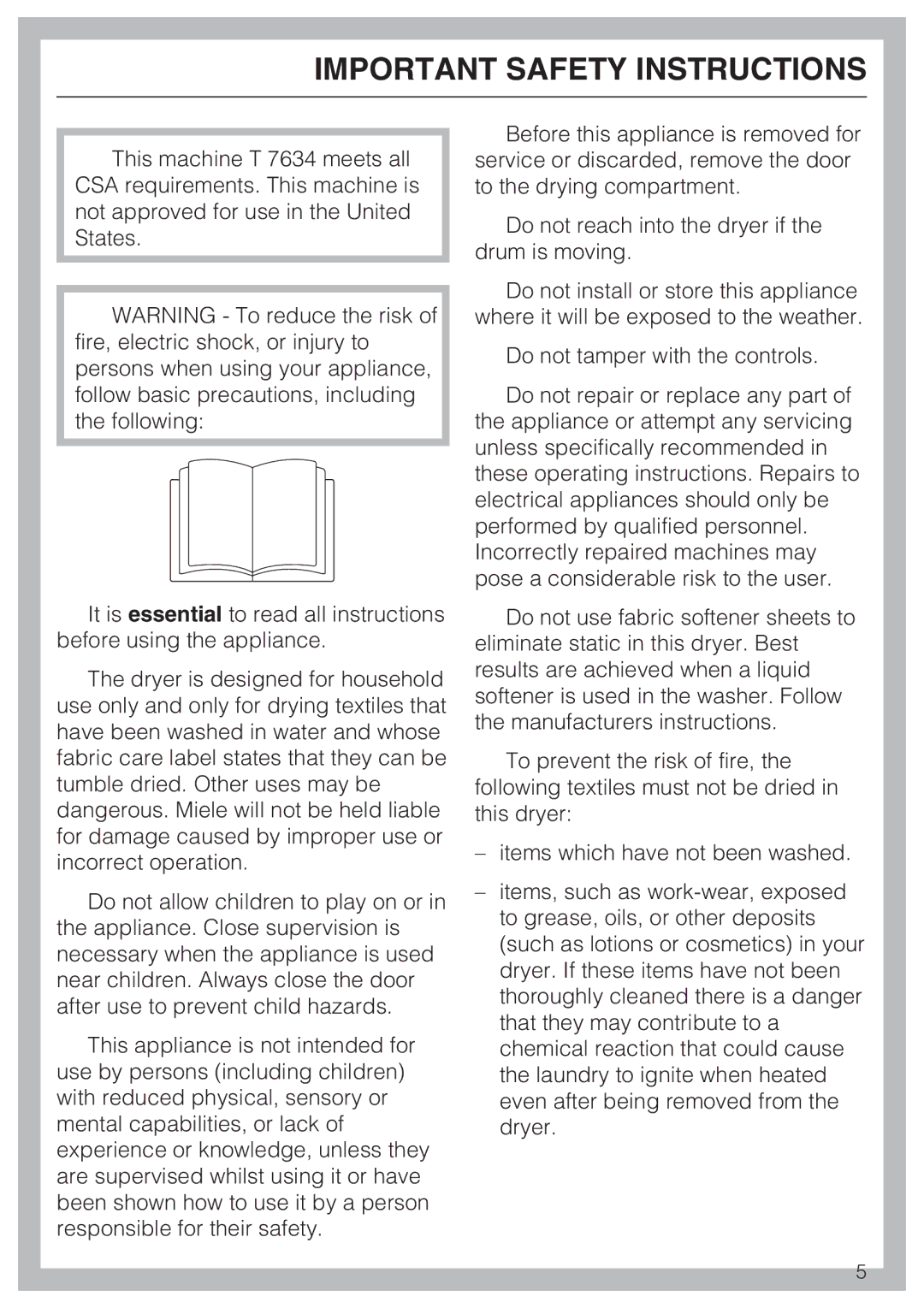 Miele T 7634 operating instructions Important Safety Instructions 