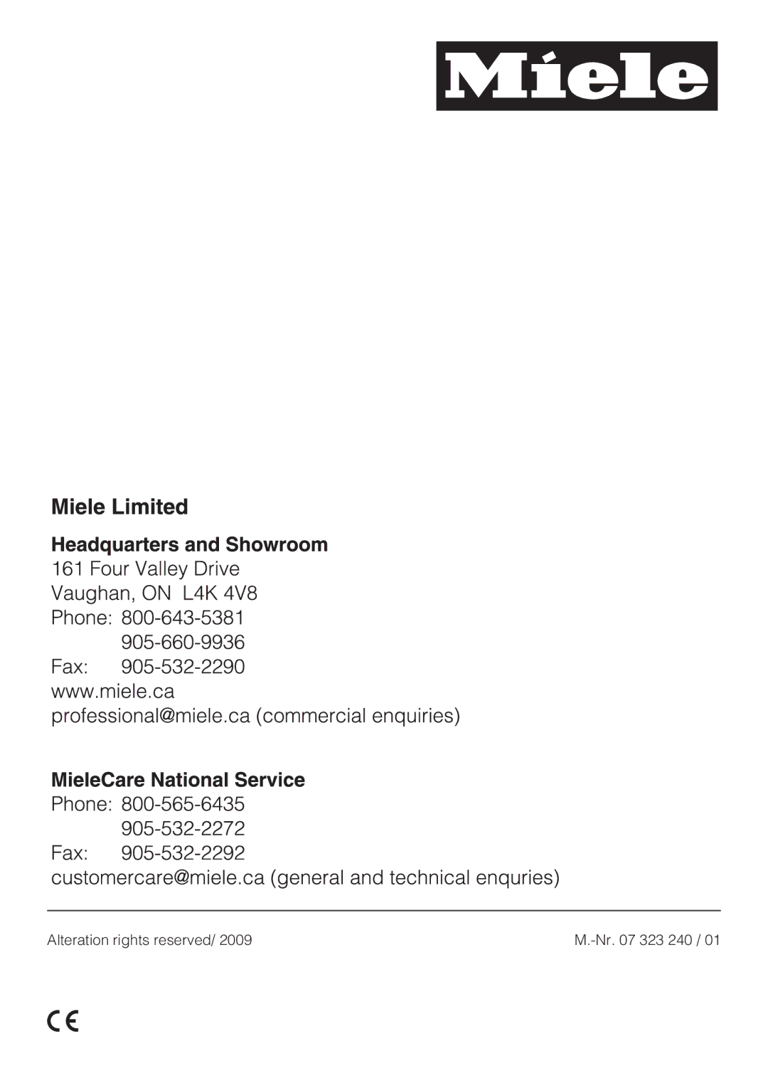 Miele T 7634 operating instructions Alteration rights reserved Nr 323 240 