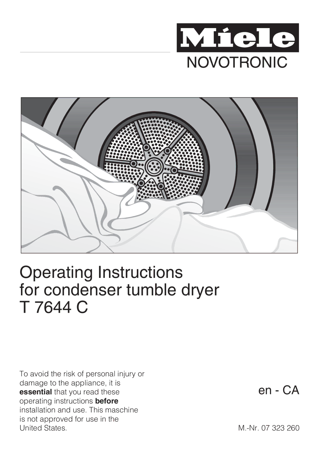 Miele operating instructions Operating Instructions For condenser tumble dryer T 7644 C 