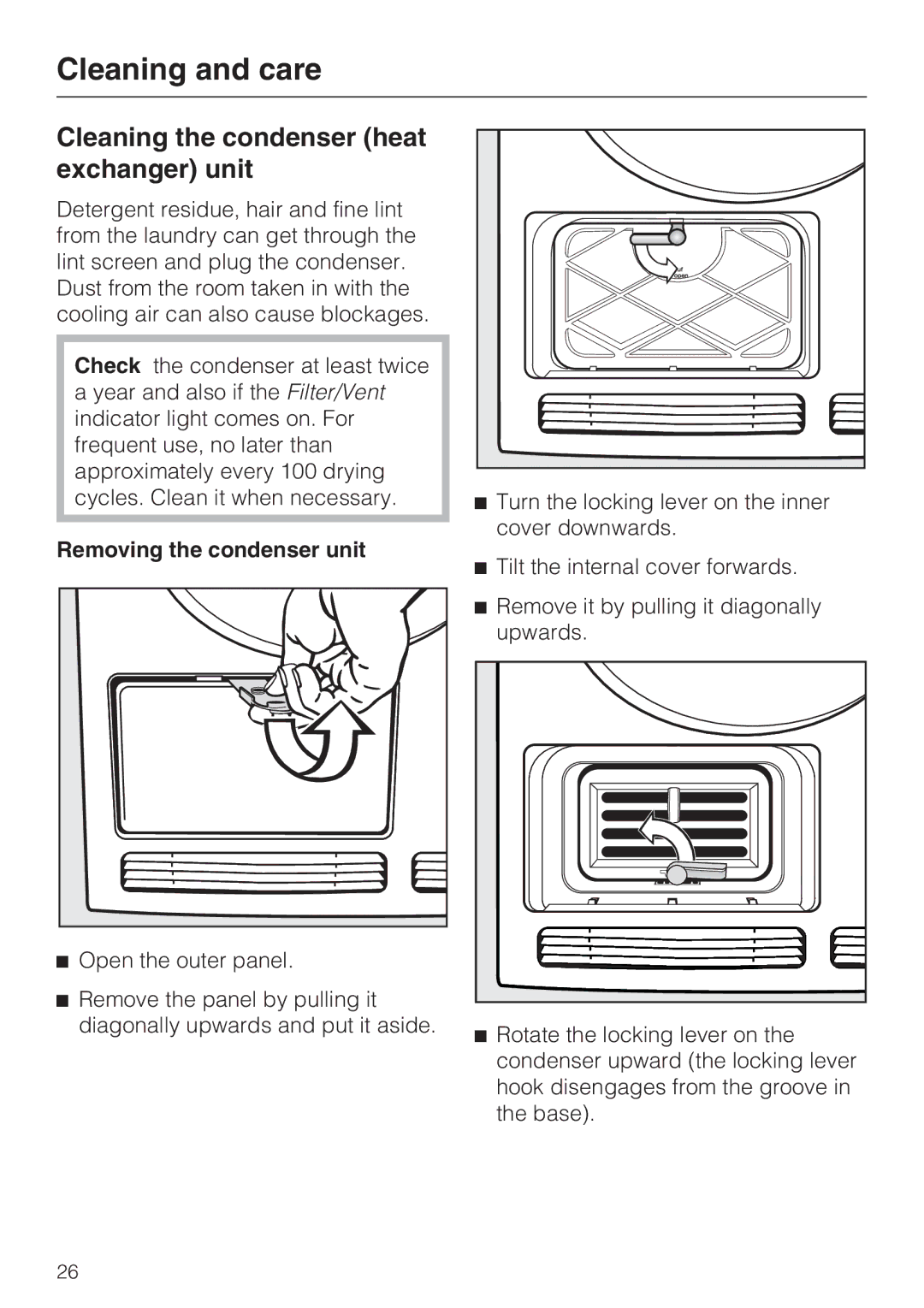 Miele T 7644 C operating instructions Cleaning the condenser heat exchanger unit, Removing the condenser unit 