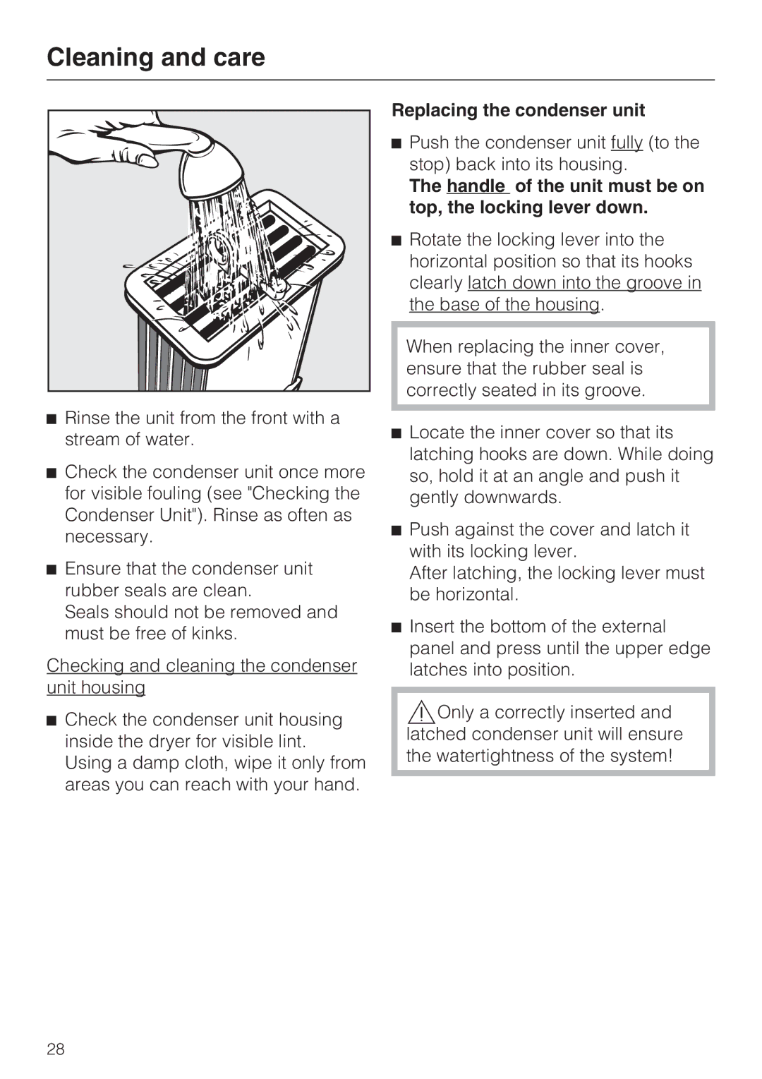 Miele T 7644 C Replacing the condenser unit, Handle of the unit must be on top, the locking lever down 