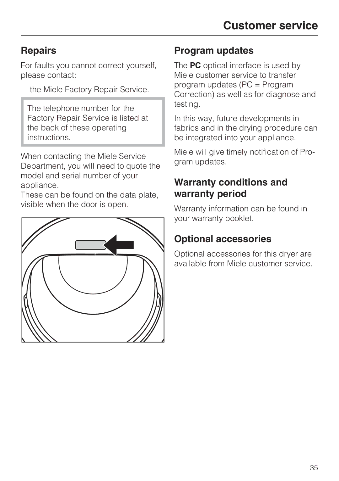 Miele T 7644 C Customer service, Repairs, Program updates, Warranty conditions and warranty period, Optional accessories 