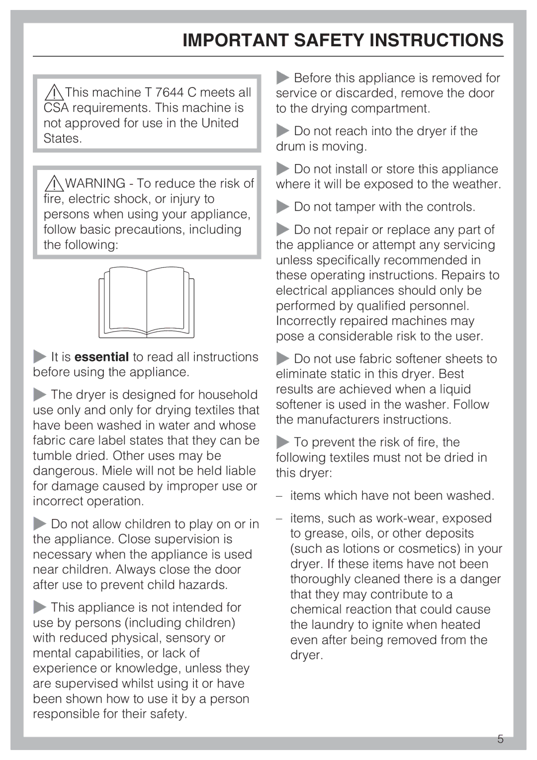 Miele T 7644 C operating instructions Important Safety Instructions 