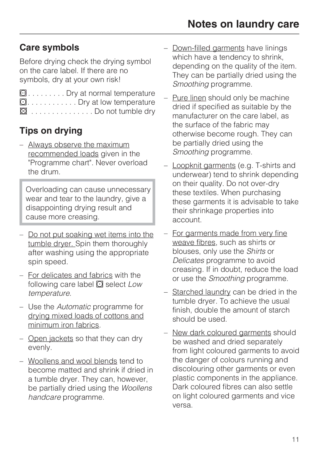 Miele T 7744 C operating instructions Care symbols, Tips on drying 