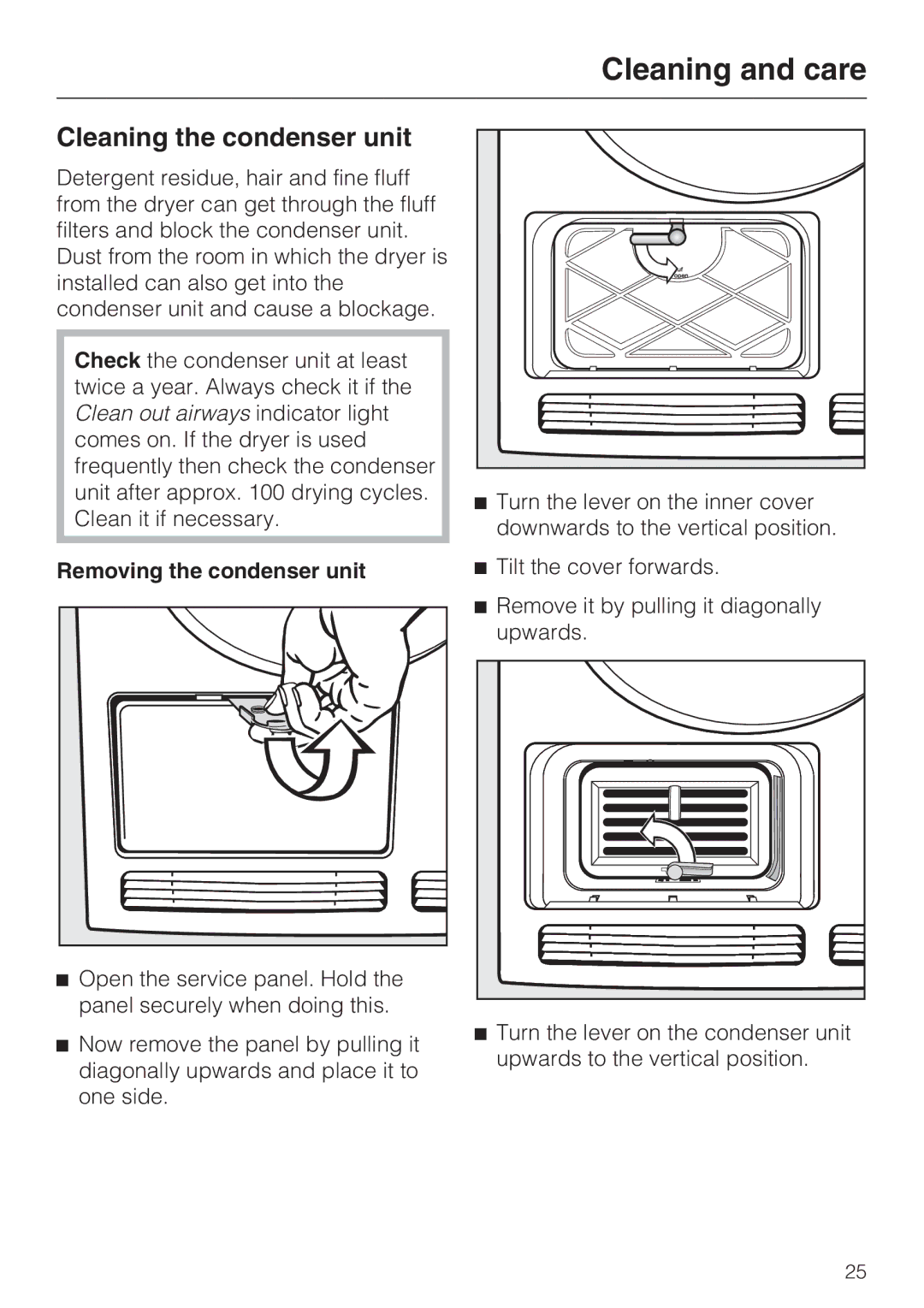 Miele T 7744 C operating instructions Cleaning the condenser unit, Removing the condenser unit 