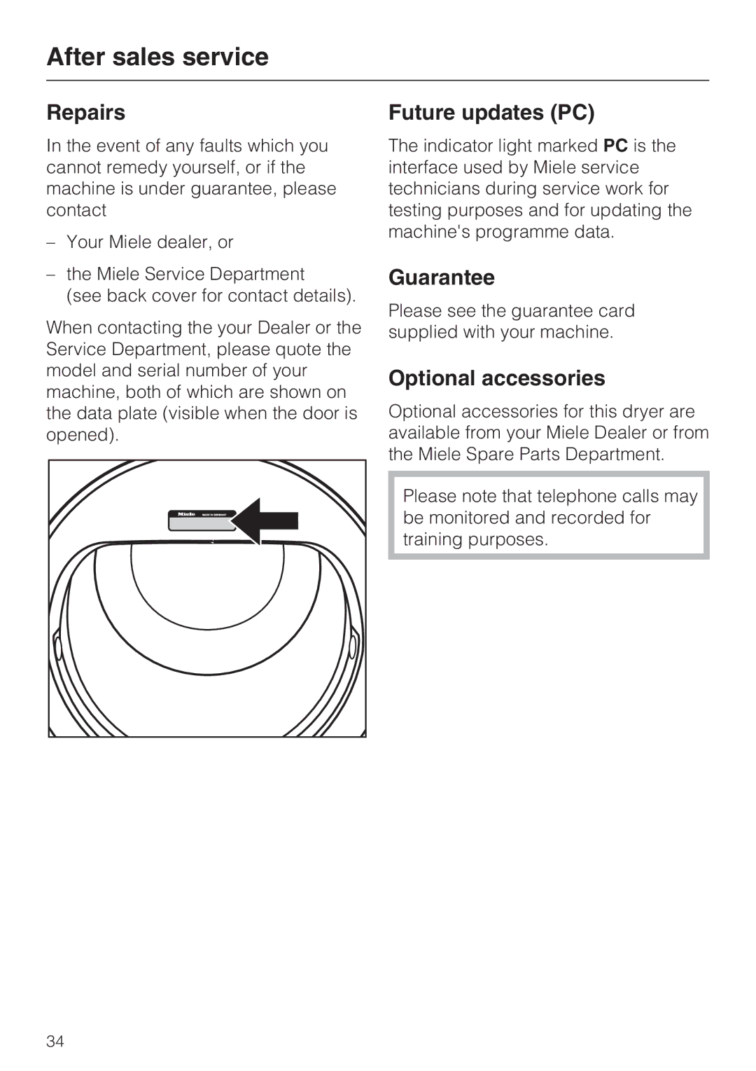 Miele T 7744 C operating instructions After sales service, Repairs, Future updates PC, Guarantee, Optional accessories 