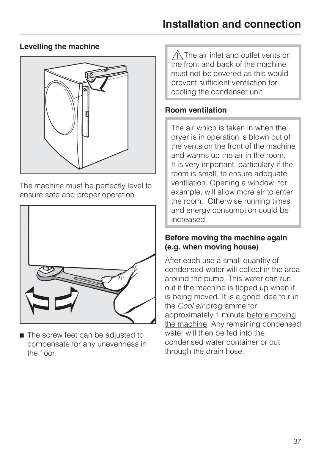 Miele T 7744 C Levelling the machine, Room ventilation, Before moving the machine again e.g. when moving house 