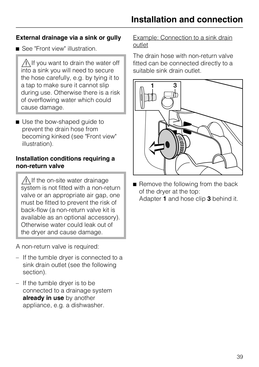 Miele T 7744 C External drainage via a sink or gully, Installation conditions requiring a non-return valve 