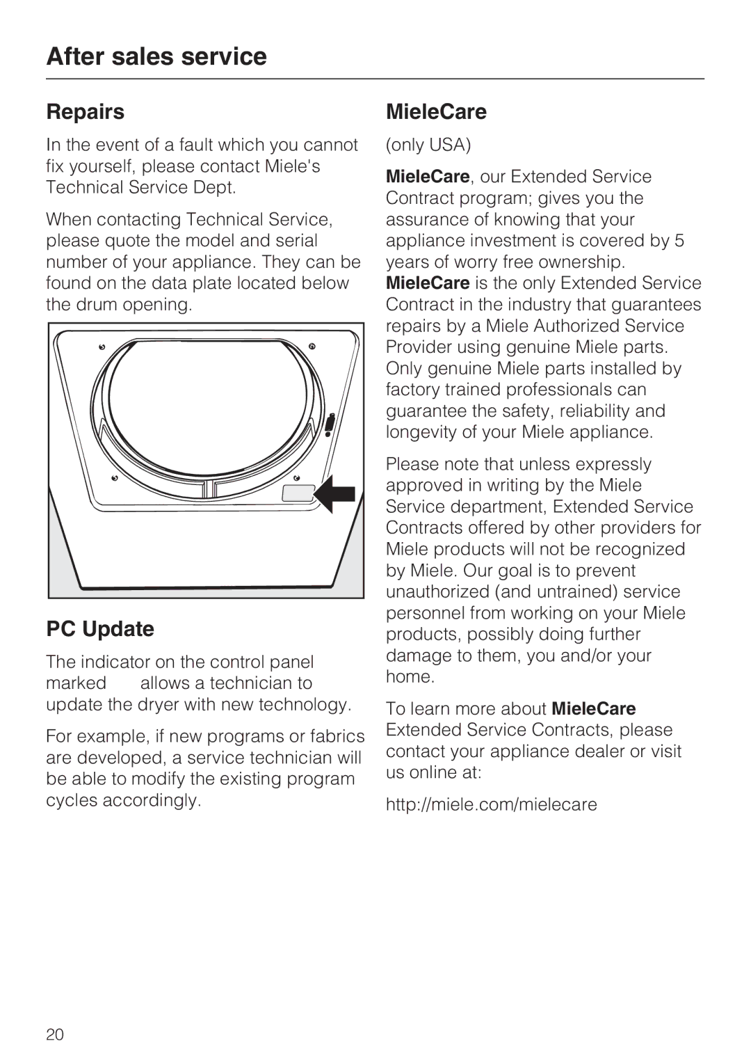 Miele T 8003, T 8005, T 8002 manual After sales service, Repairs, PC Update, MieleCare 