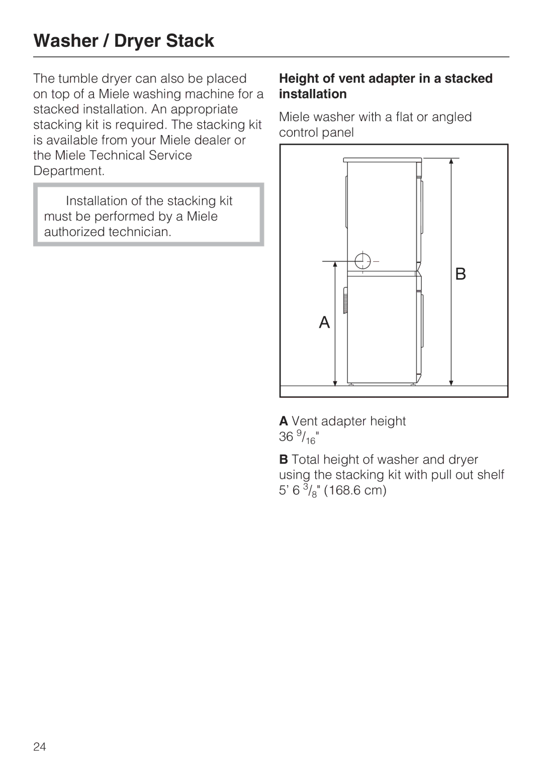 Miele T 8002, T 8005, T 8003 manual Washer / Dryer Stack, Height of vent adapter in a stacked installation 