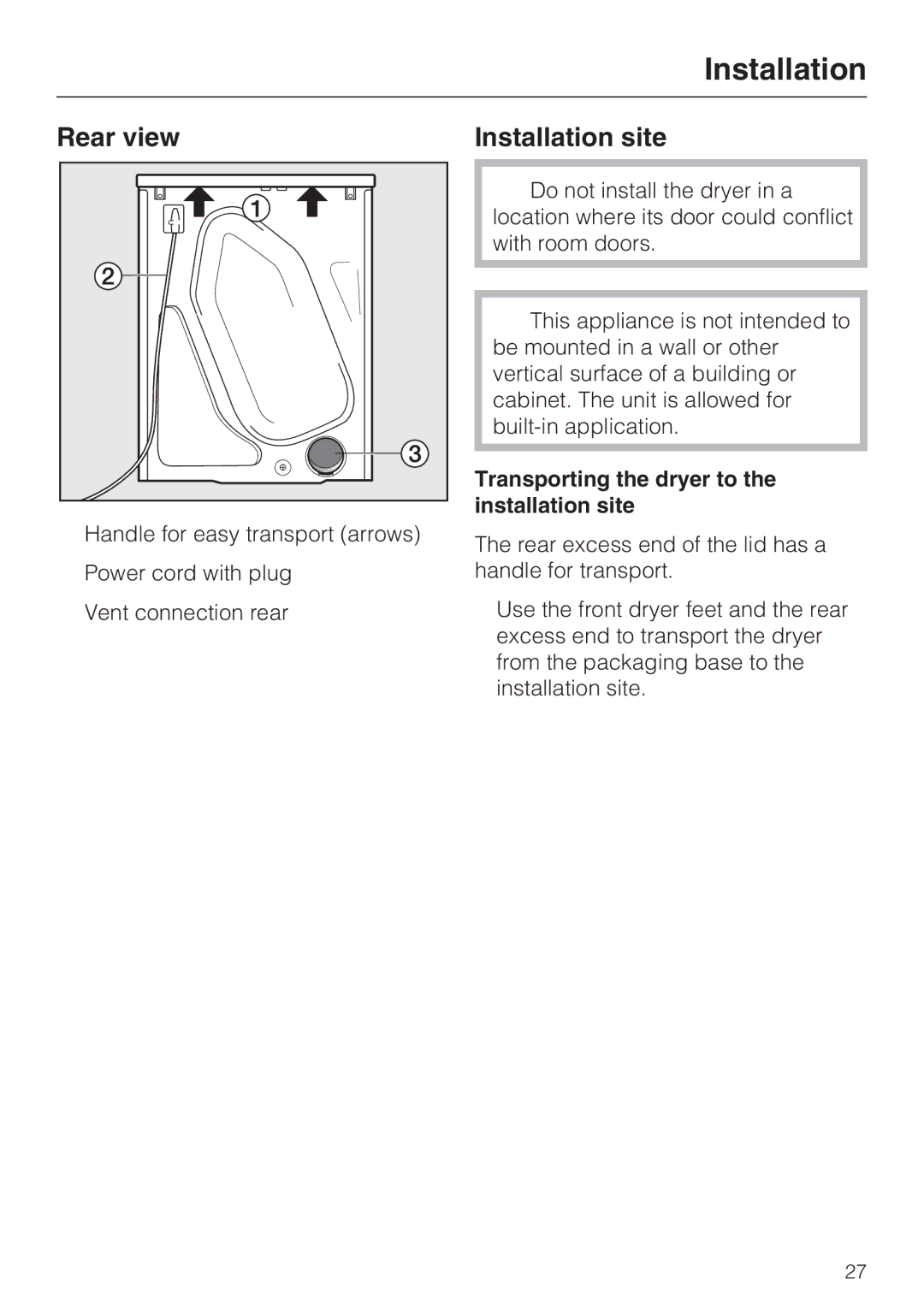 Miele T 8002, T 8005, T 8003 manual Rear view, Installation site, Transporting the dryer to the installation site 