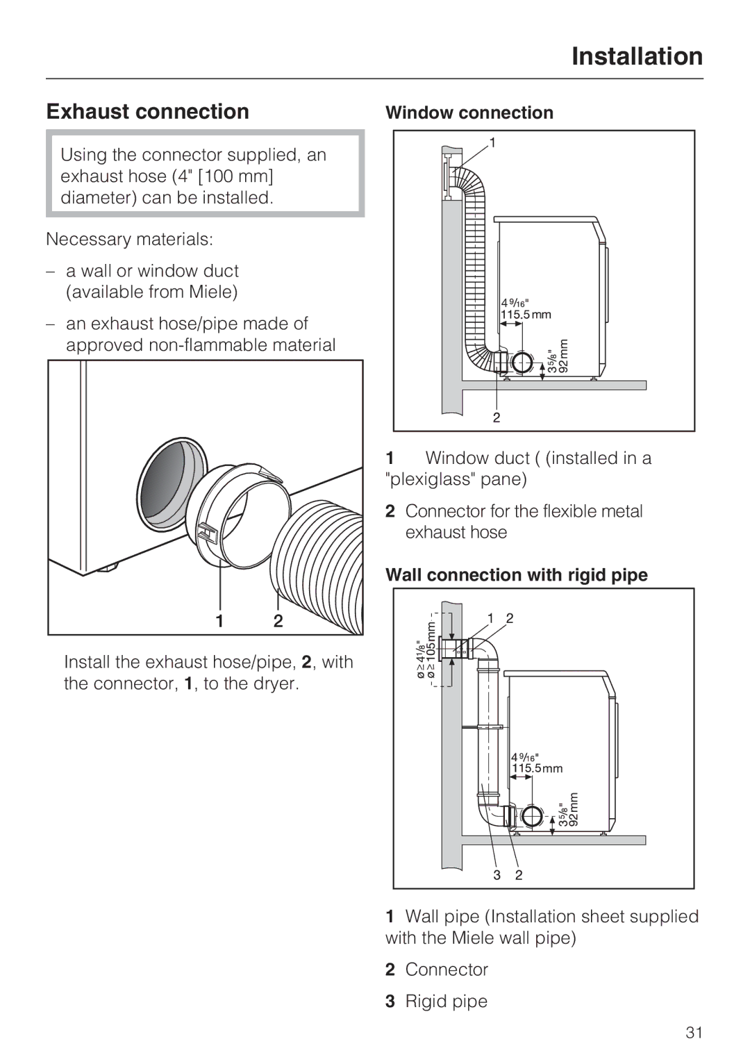 Miele T 8003, T 8005, T 8002 manual Exhaust connection, Window connection, Wall connection with rigid pipe 