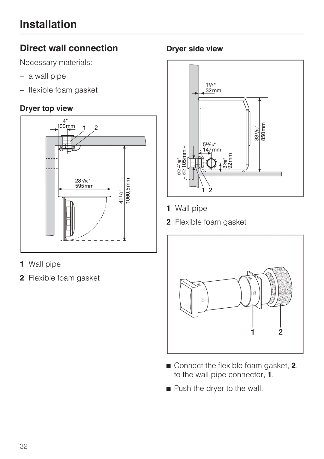 Miele T 8005, T 8002, T 8003 manual Direct wall connection, Dryer top view 