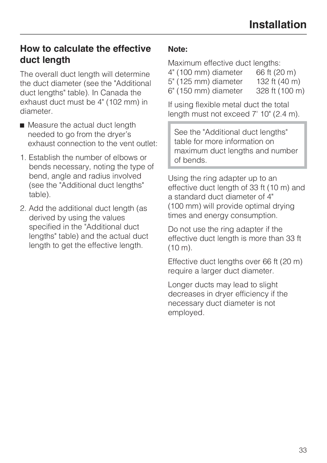 Miele T 8002, T 8005, T 8003 manual How to calculate the effective duct length 