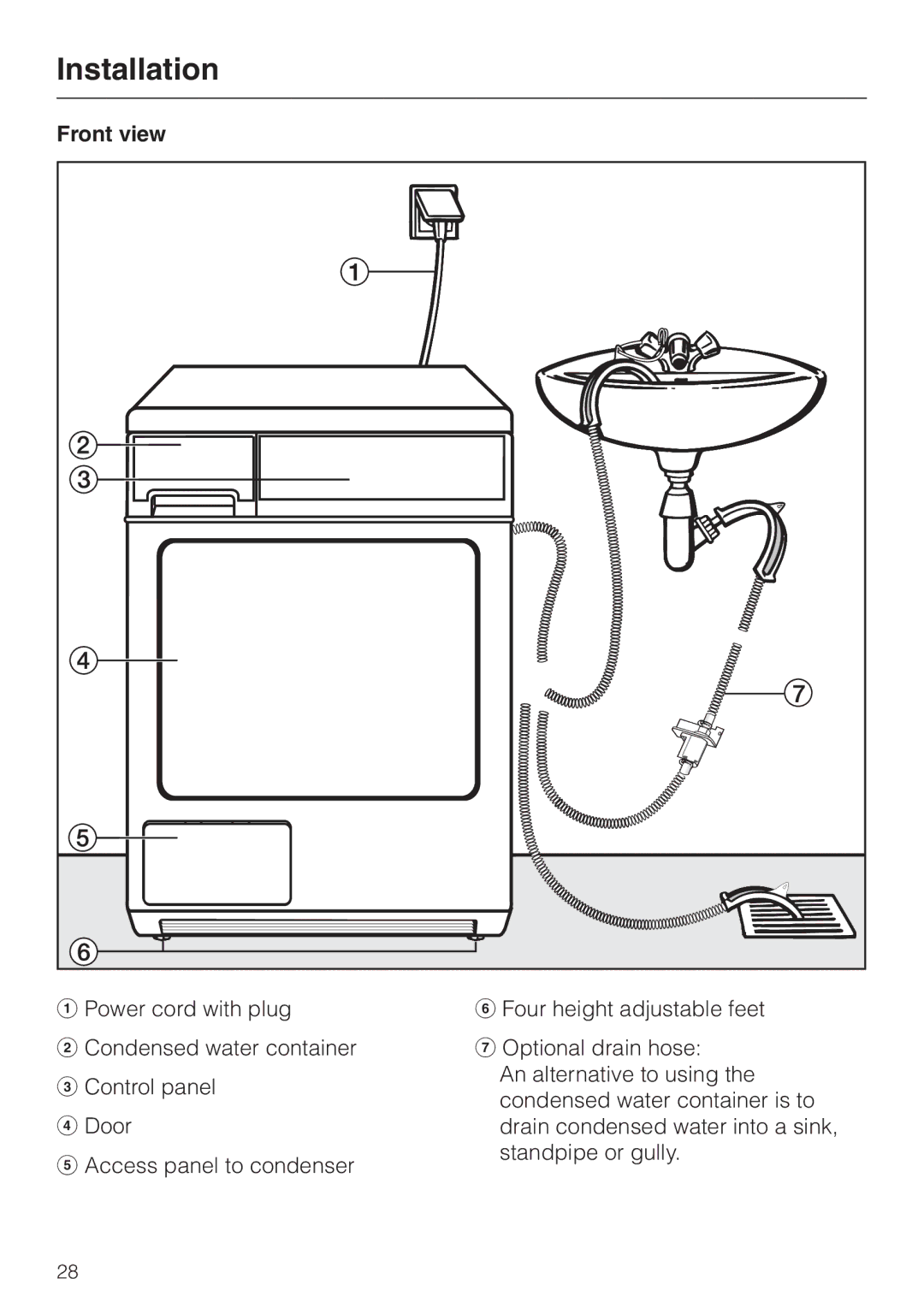 Miele T 8013 C, T 8012 C installation instructions Installation, Front view 