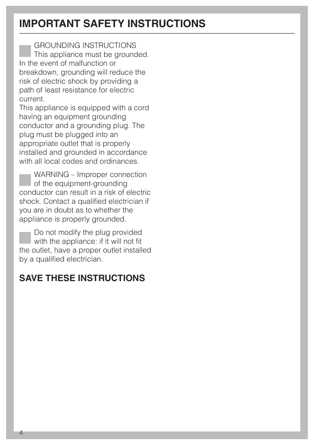 Miele T 8013 C, T 8012 C installation instructions Important Safety Instructions 