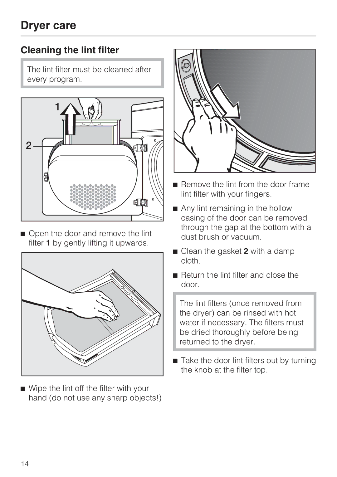 Miele T 8019 C installation instructions Dryer care, Cleaning the lint filter 