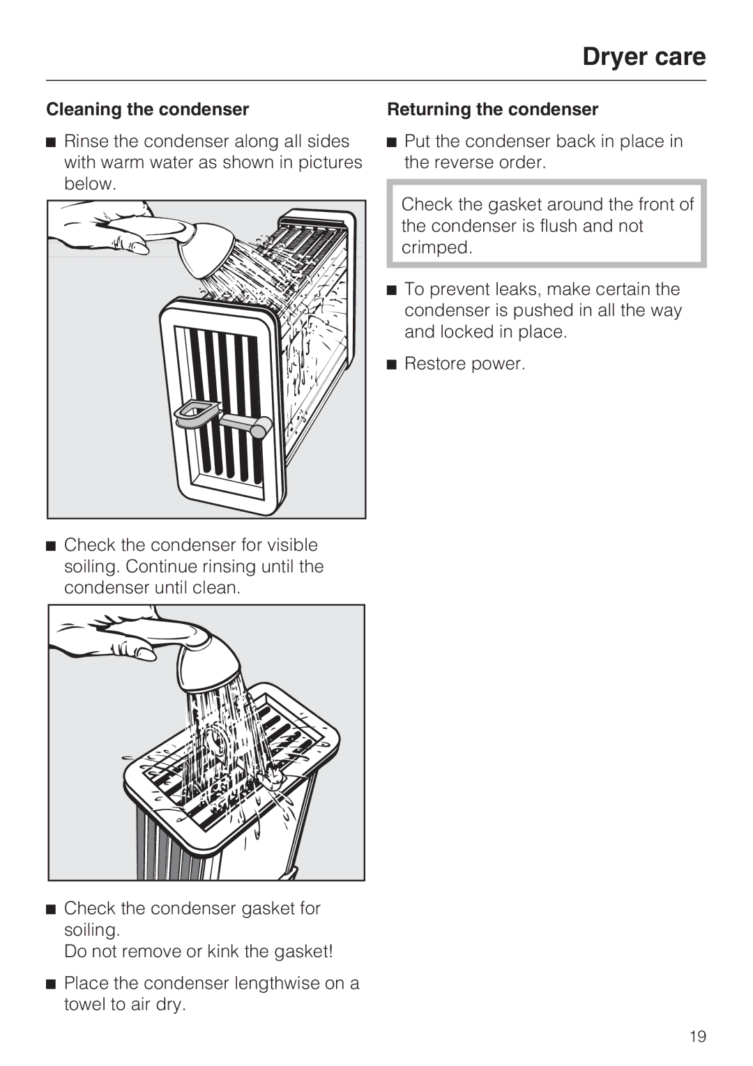 Miele T 8019 C installation instructions Cleaning the condenser, Returning the condenser 