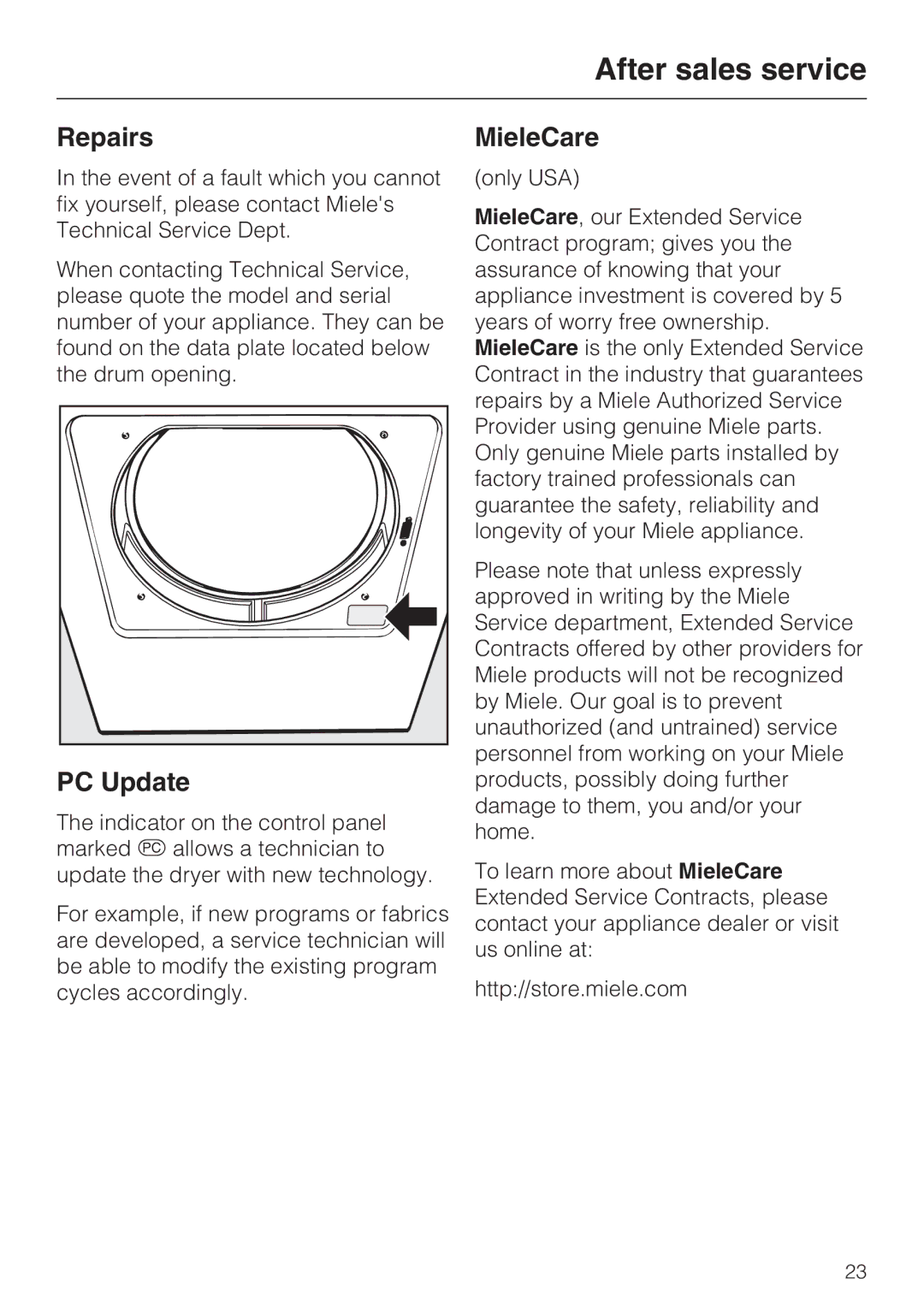 Miele T 8019 C installation instructions After sales service, Repairs, PC Update, MieleCare 