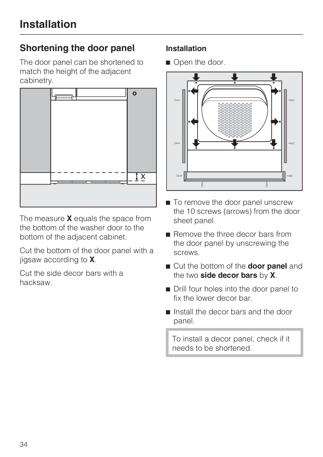 Miele T 8019 C installation instructions Shortening the door panel, Installation 