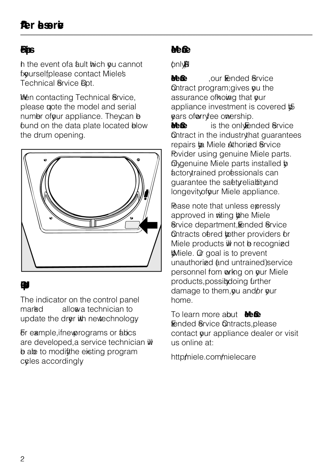 Miele T 8023 C installation instructions After sales service, Repairs, PC Update, MieleCare 