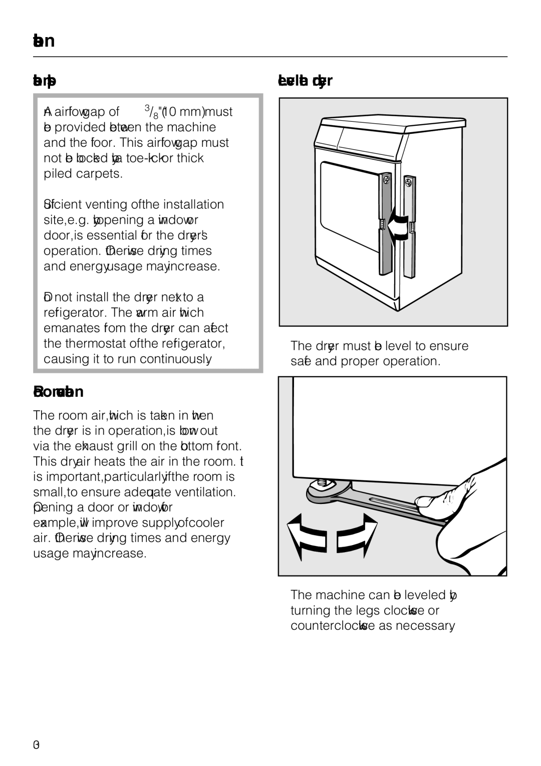 Miele T 8023 C installation instructions Installation tips Level the dryer, Room ventilation 