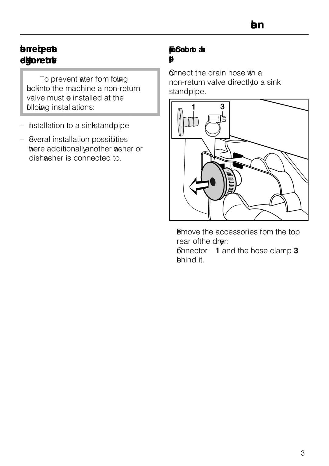 Miele T 8023 C Installation requirements demanding a non-return valve, Example Connection to a sink standpipe 